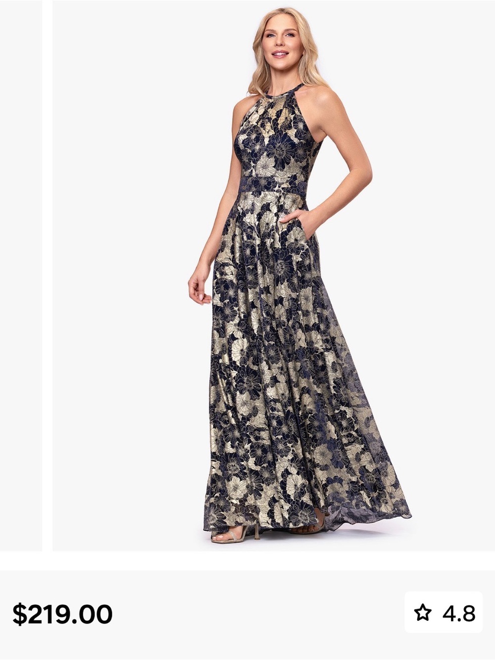 Betsy & Adam Navy and Gold Halter Floral Lace Maxi Gown